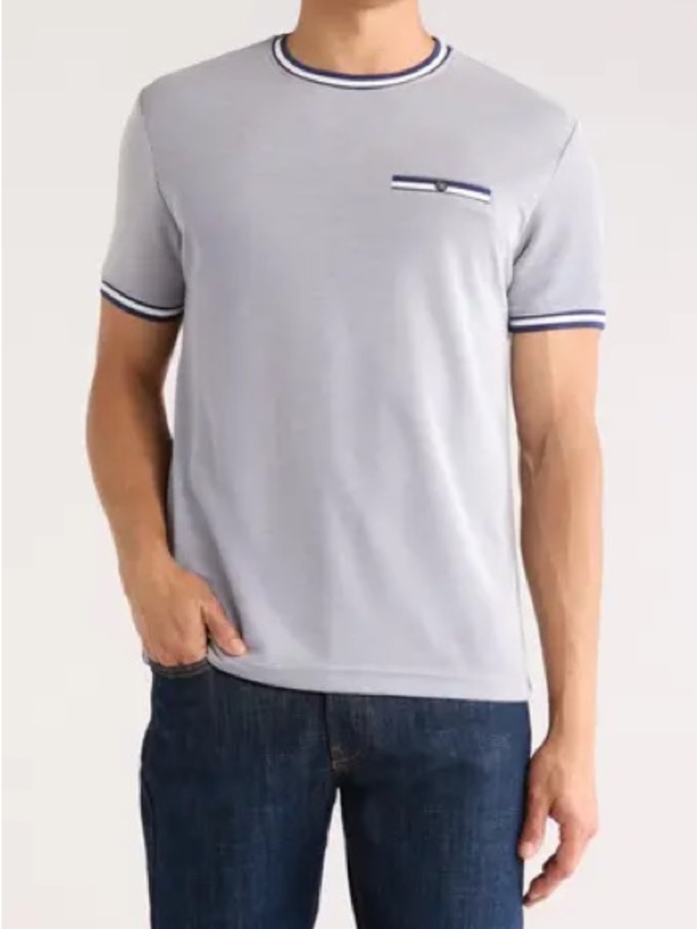 2/$5 Denim & Flower Light Gray Short-Sleeve Tee with Navy Trim